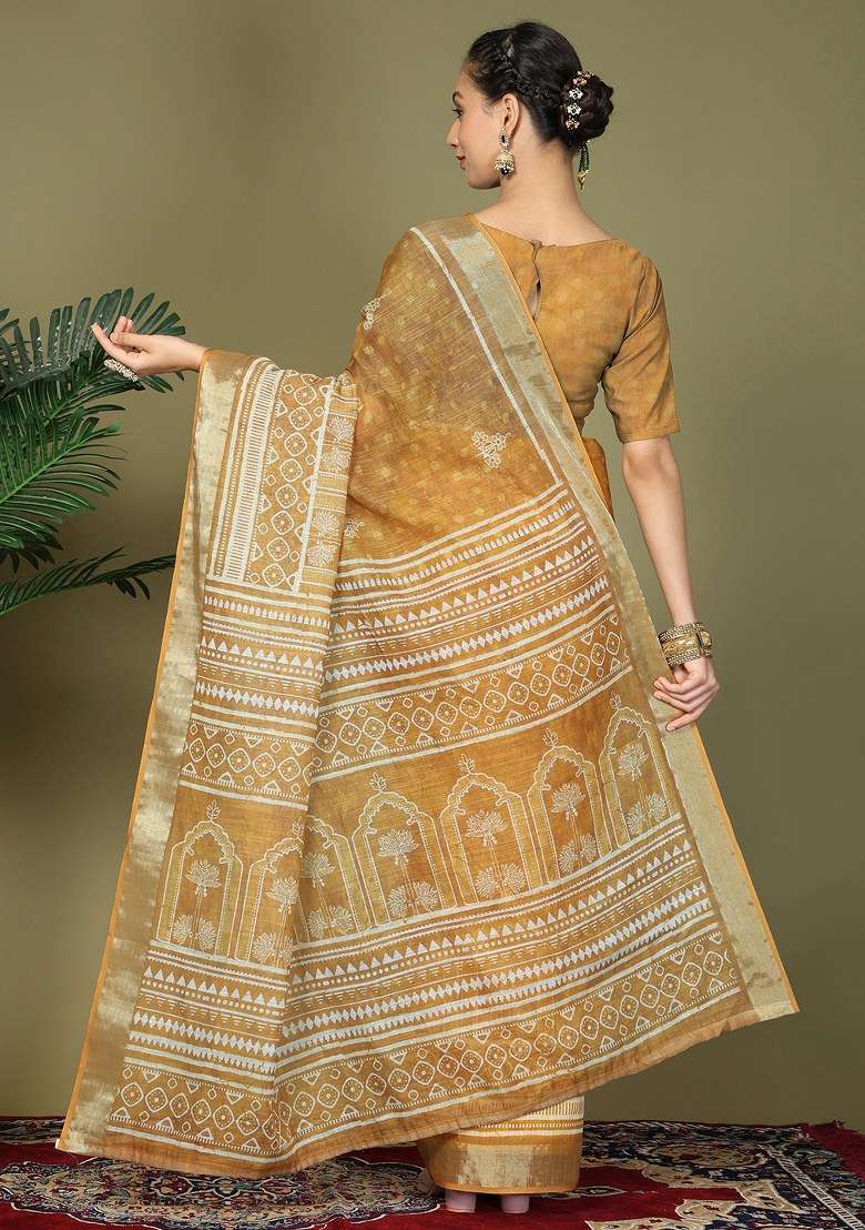 Yellow Printed Cotton Saree Set - Indya