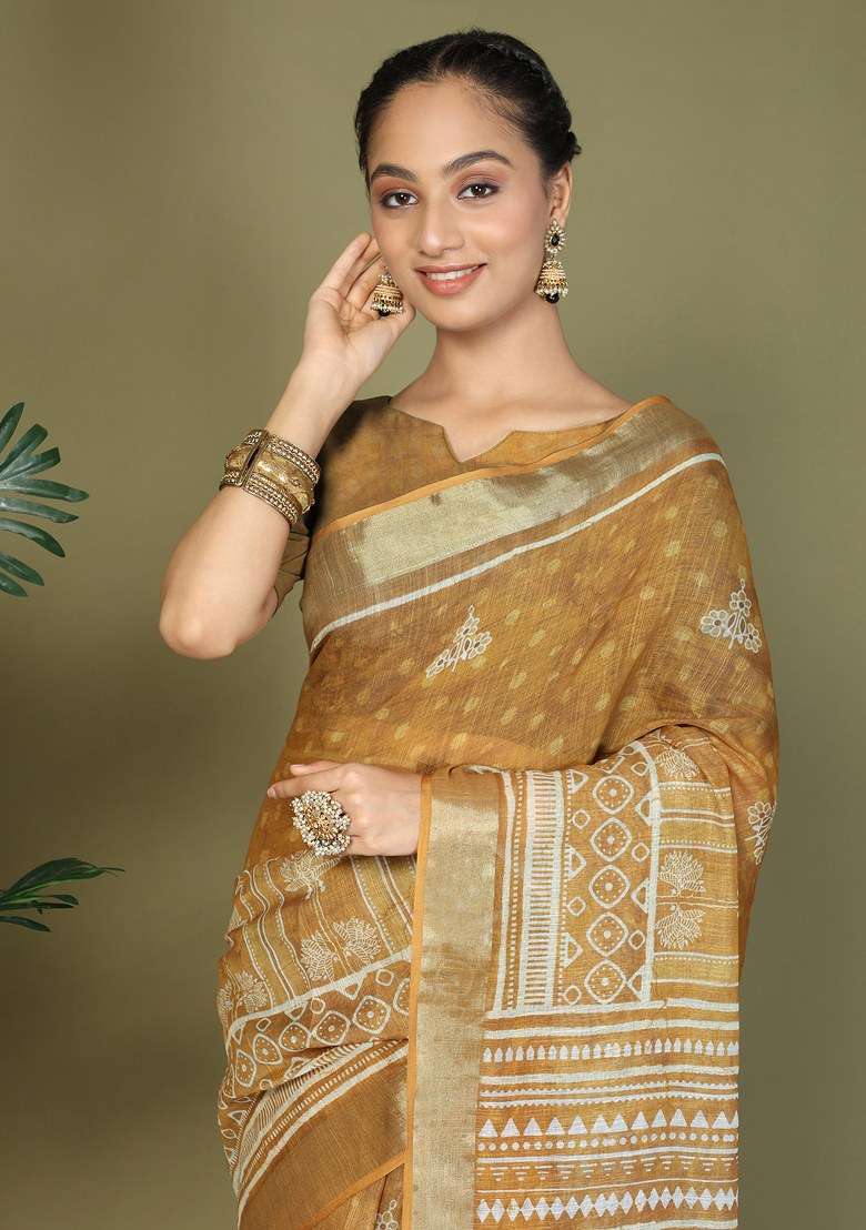 Yellow Printed Cotton Saree Set - Indya