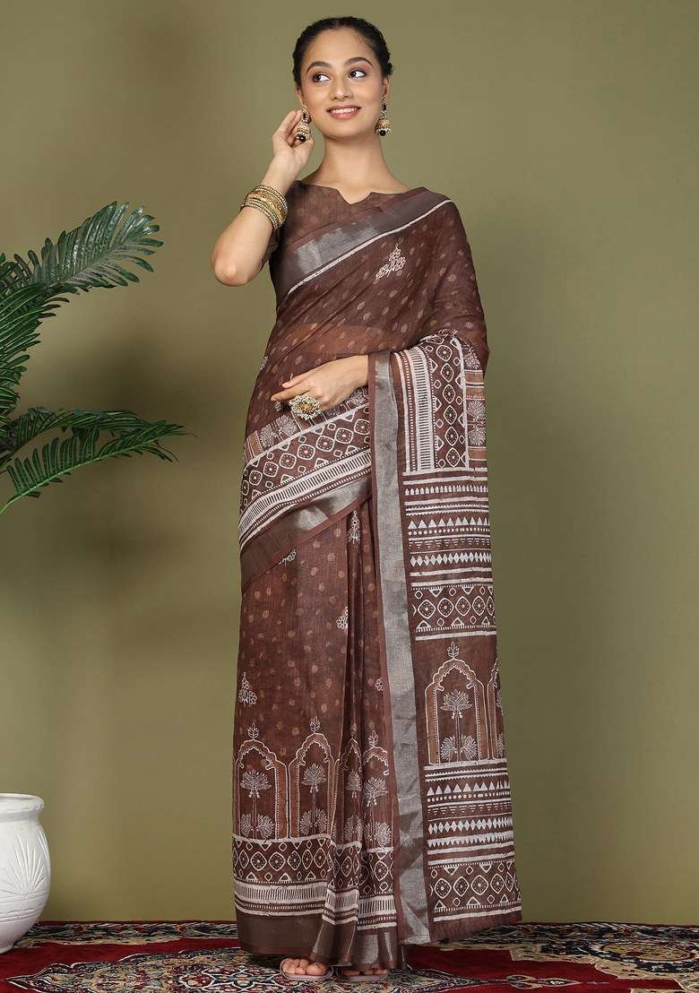 Brown Printed Cotton Saree Set - Indya