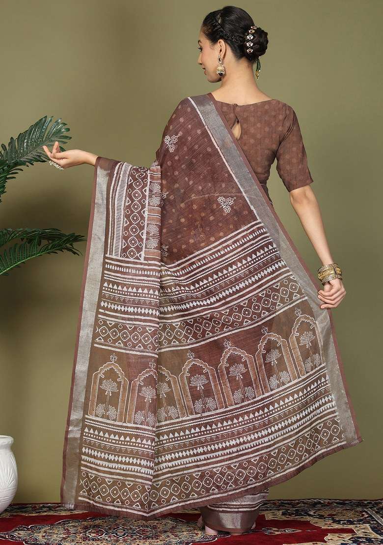 Brown Printed Cotton Saree Set - Indya