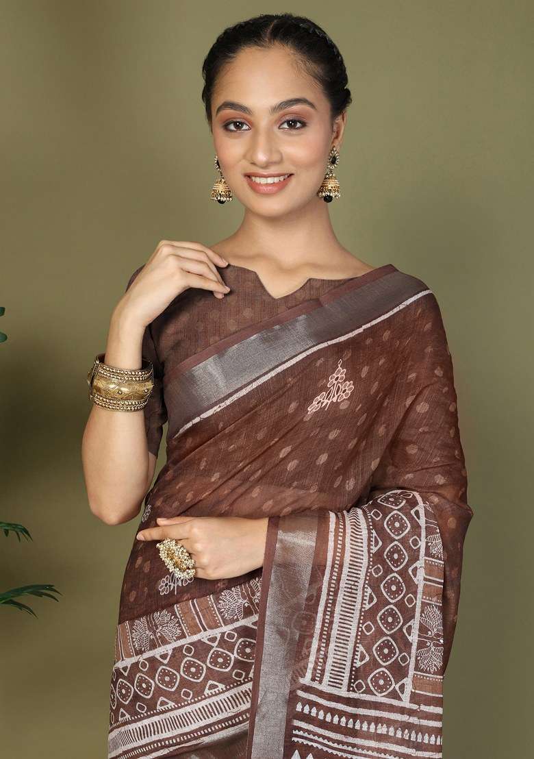 Brown Printed Cotton Saree Set - Indya