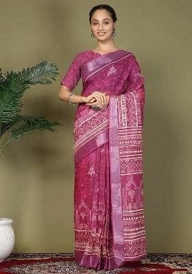 Purple Printed Cotton Saree Set