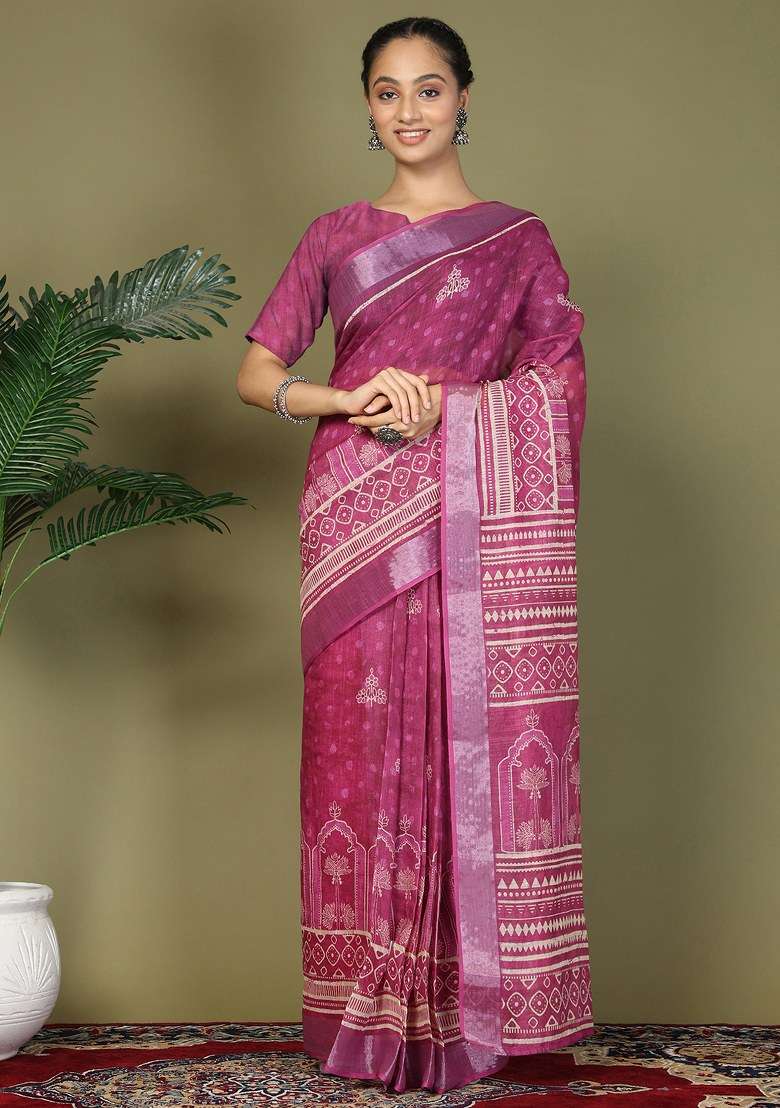 Purple Printed Cotton Saree Set - Indya