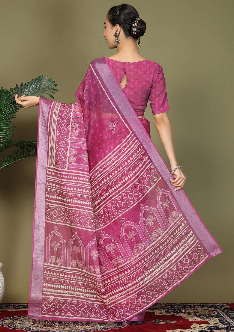 Purple Printed Cotton Saree Set - Indya