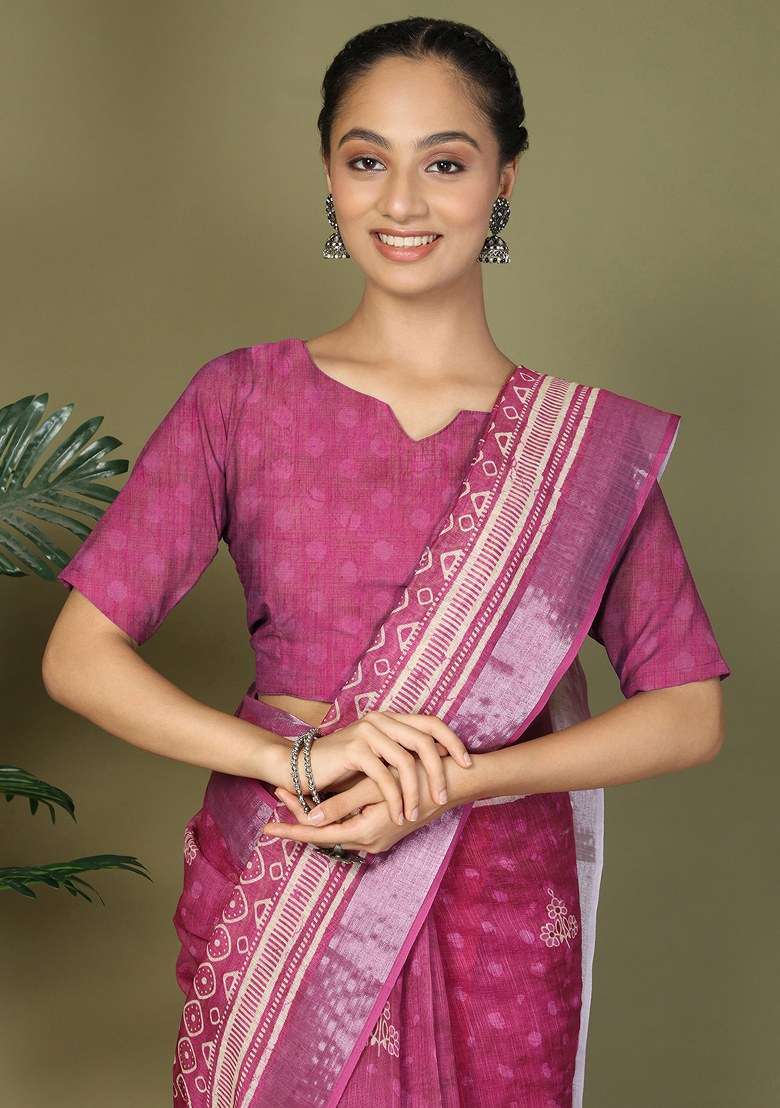 Purple Printed Cotton Saree Set - Indya