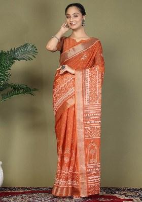 Orange Printed Cotton Saree Set