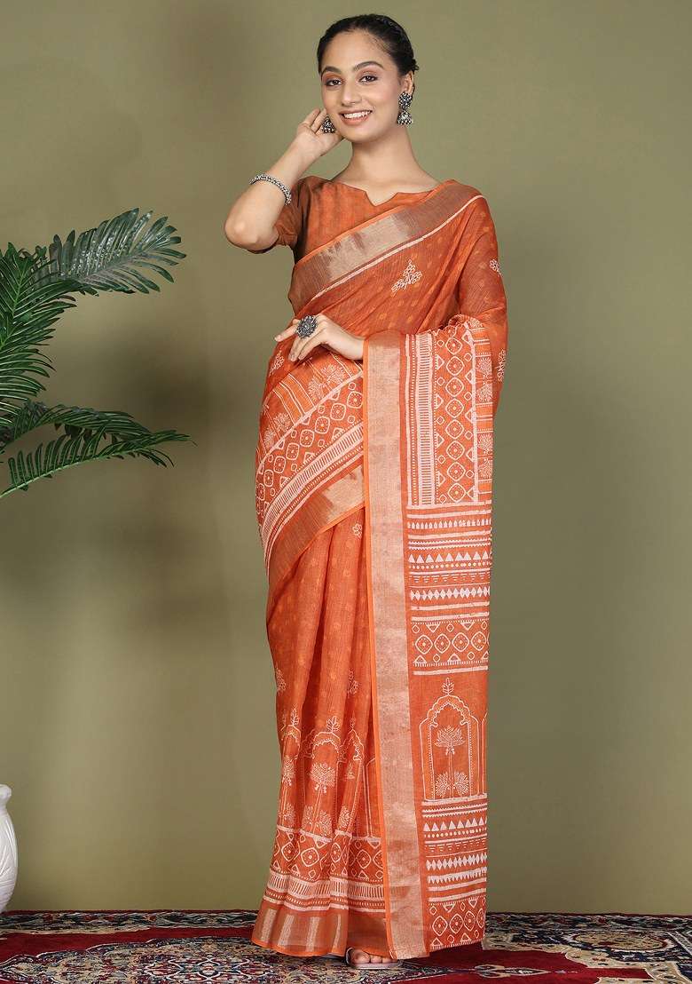 Orange Printed Cotton Saree Set - Indya