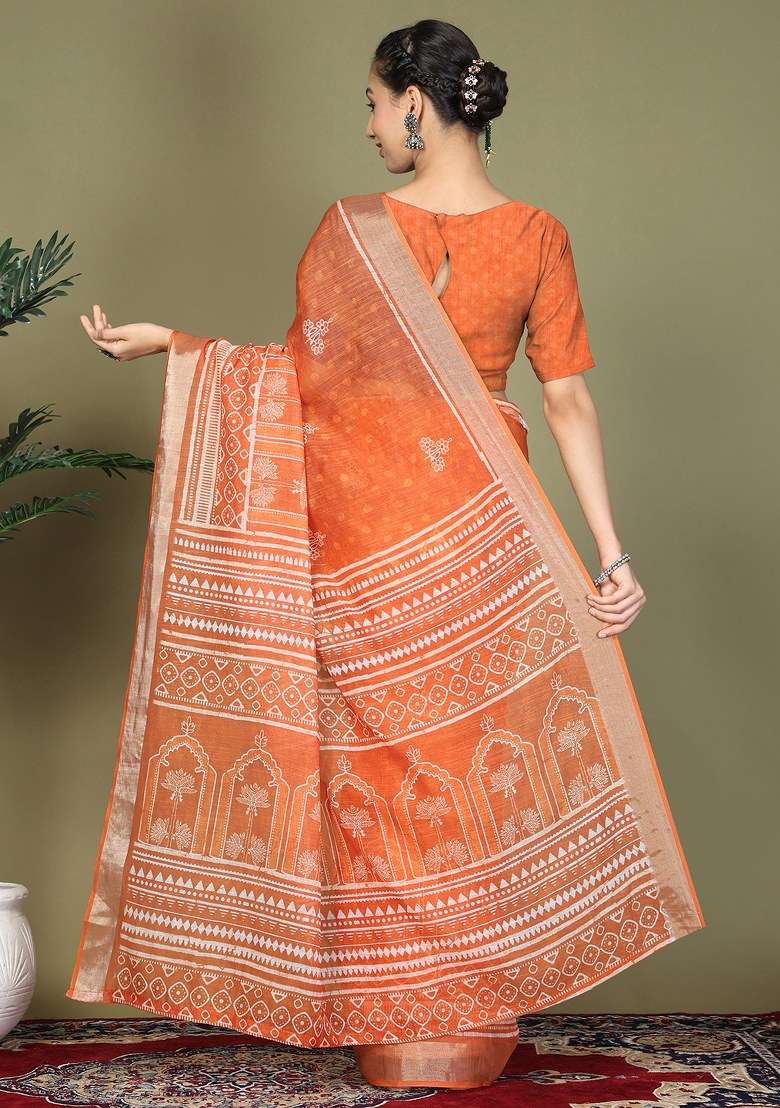Orange Printed Cotton Saree Set - Indya