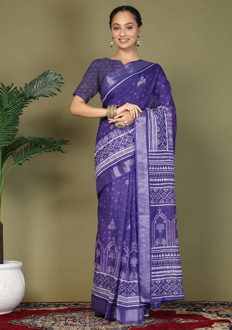 Purple Printed Cotton Saree Set - Indya