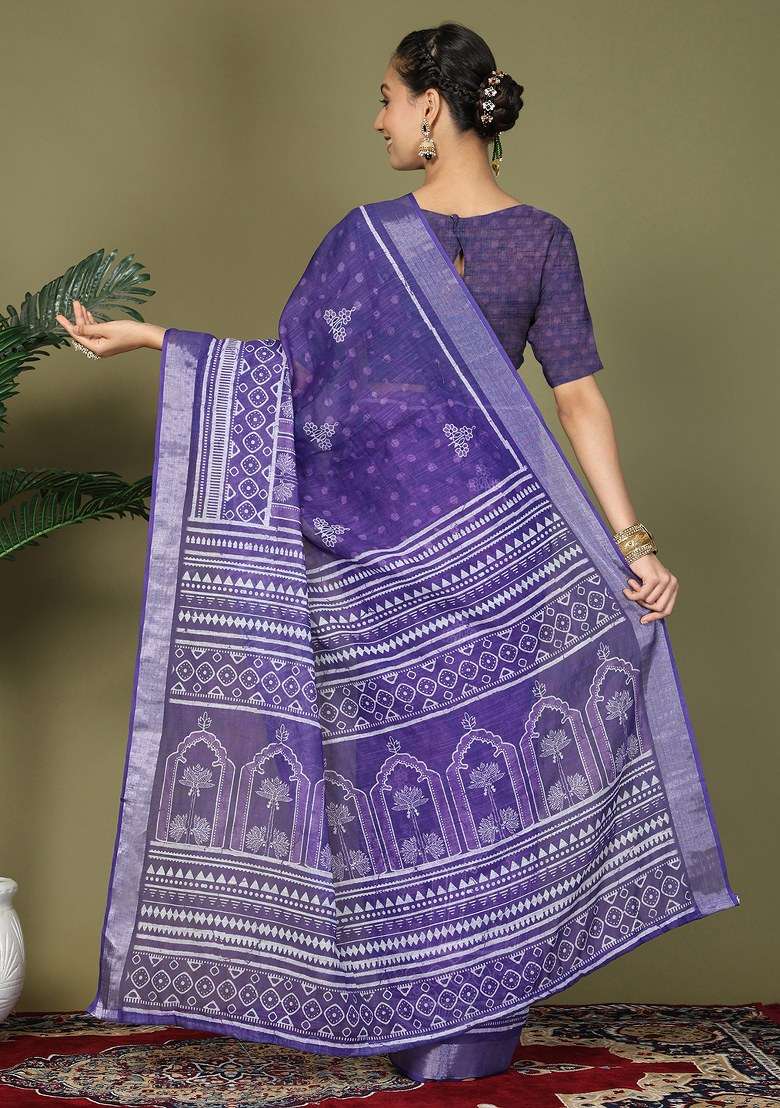 Purple Printed Cotton Saree Set - Indya
