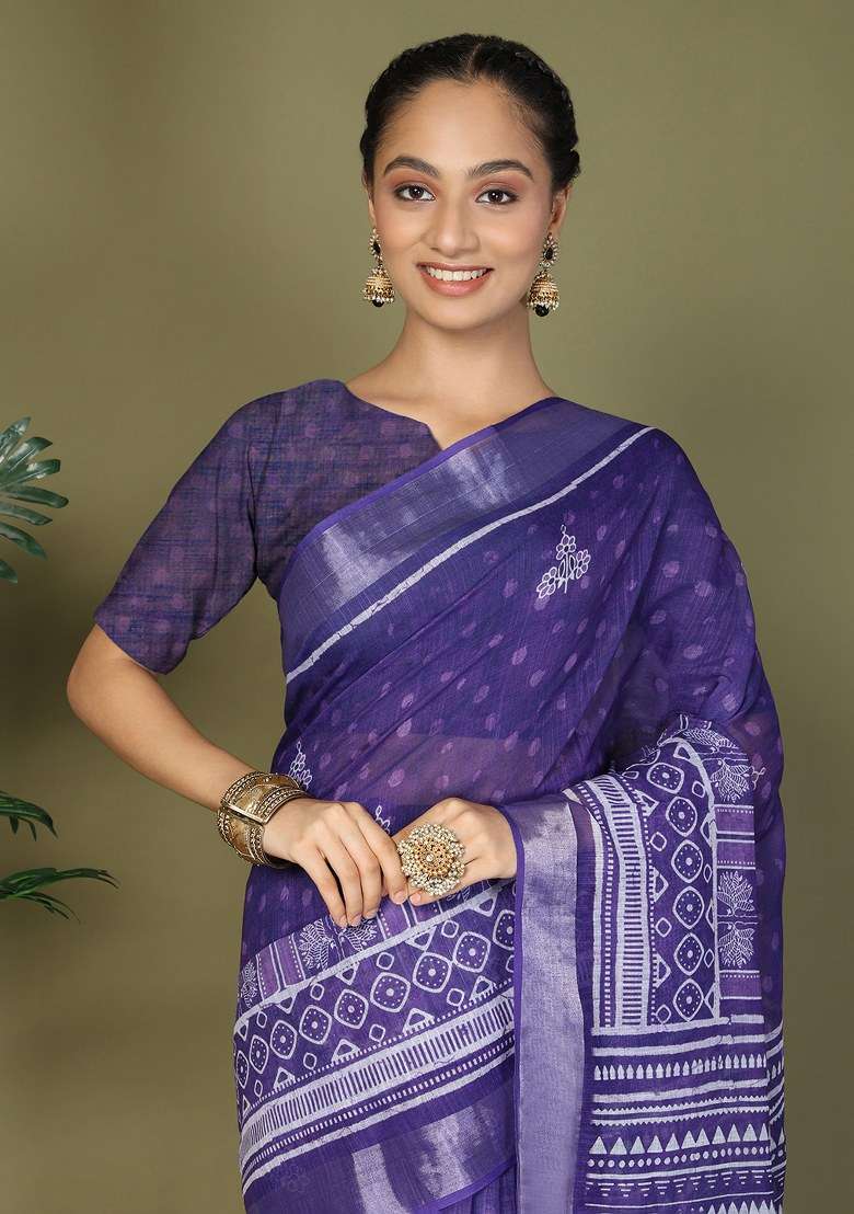 Purple Printed Cotton Saree Set - Indya
