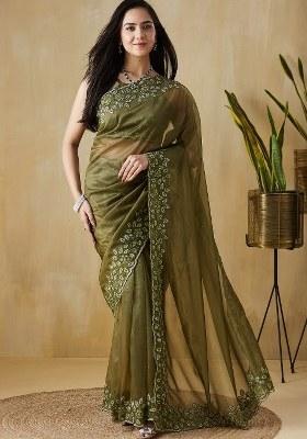 Green Embroidered Tissue Saree Set