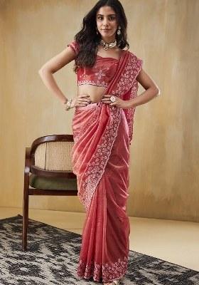 Pink Embroidered Tissue Saree Set
