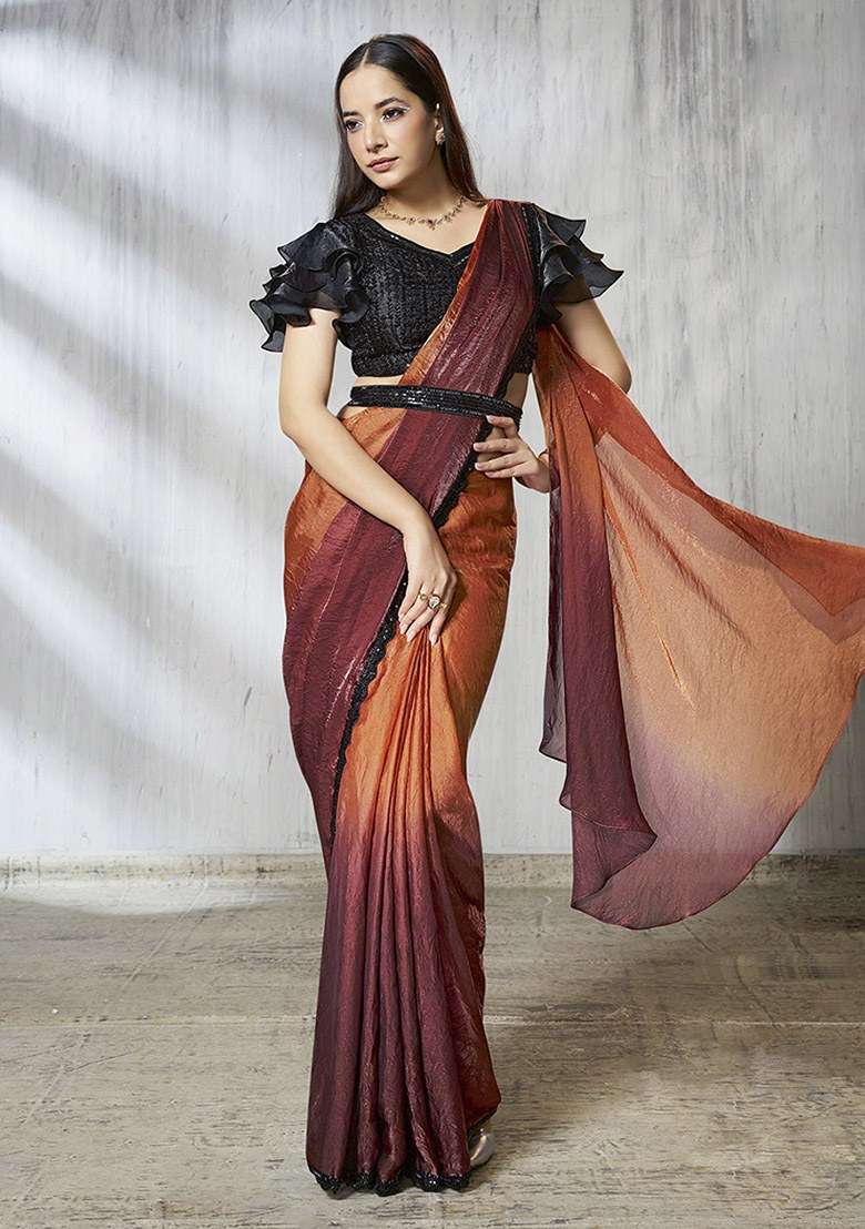 Brown Embroidered Silk Saree Set - Indya