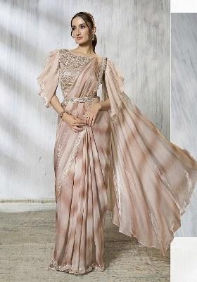 Brown Embroidered Silk Saree Set