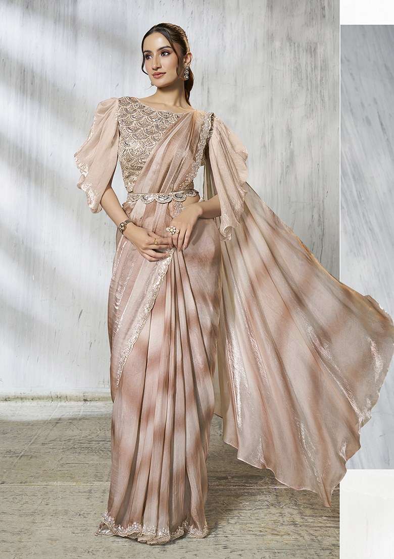 Brown Embroidered Silk Saree Set - Indya