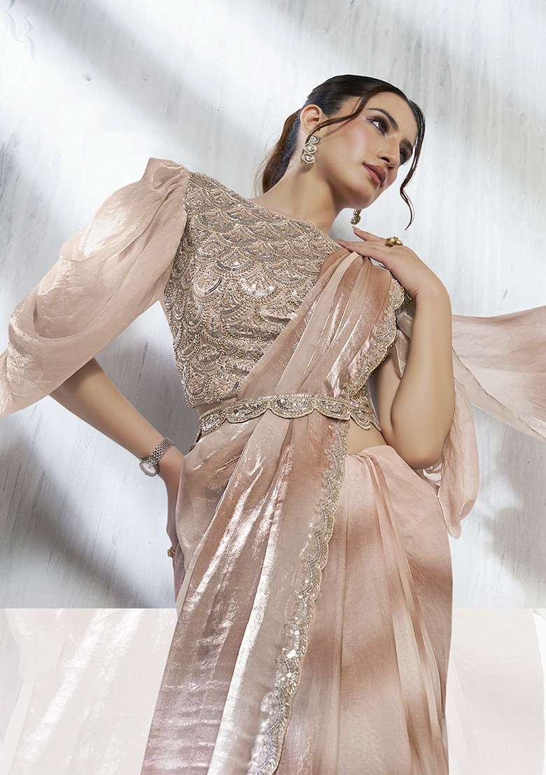 Brown Embroidered Silk Saree Set - Indya