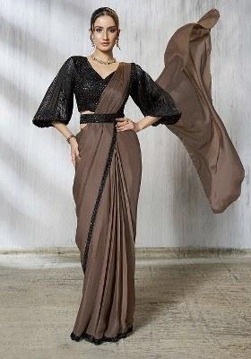 Brown Embroidered Silk Saree Set