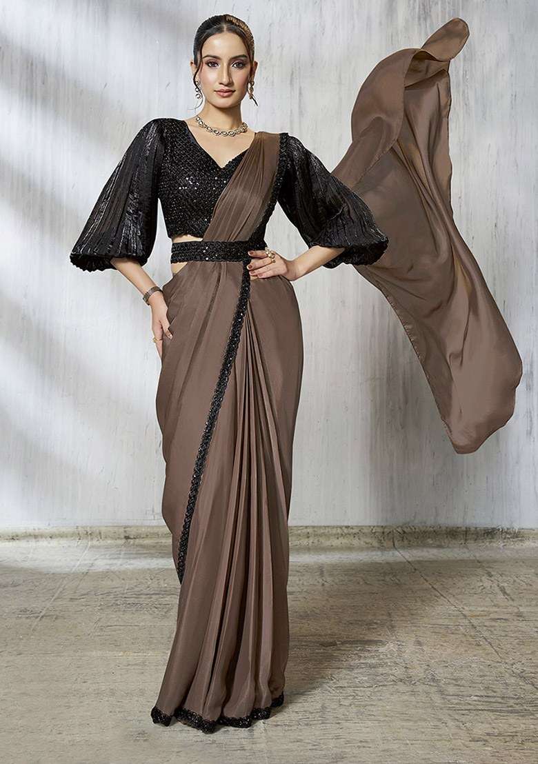 Brown Embroidered Silk Saree Set - Indya