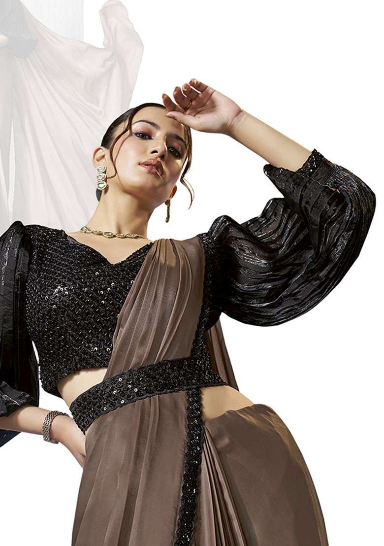Brown Embroidered Silk Saree Set - Indya