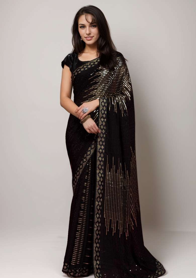 Gold Embroidered Georgette Saree Set - Indya
