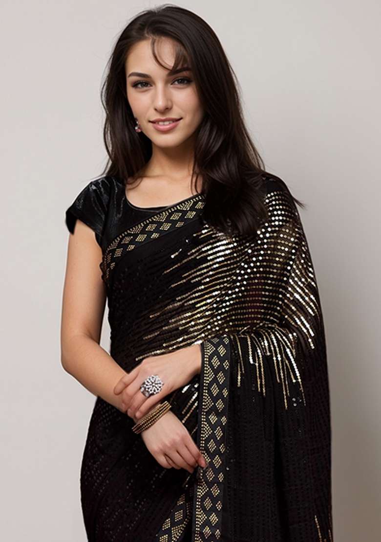 Gold Embroidered Georgette Saree Set - Indya