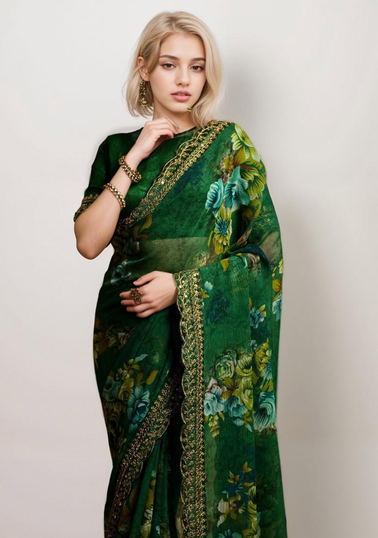 Green Embroidered Georgette Saree Set