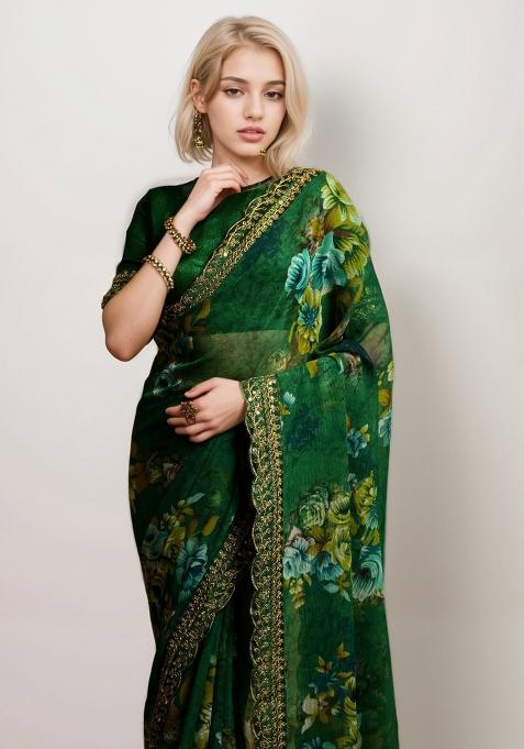Green Embroidered Georgette Saree Set