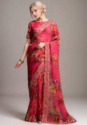 Pink Embroidered Georgette Saree Set