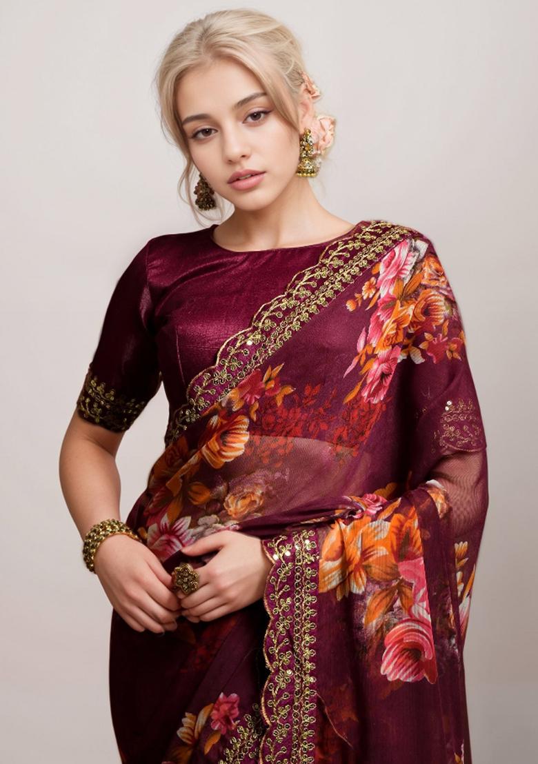 Wine Embroidered Georgette Saree Set
