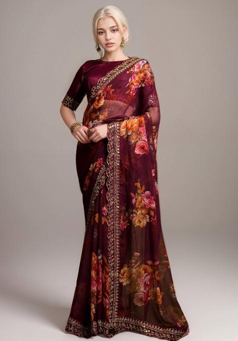 Wine Embroidered Georgette Saree Set