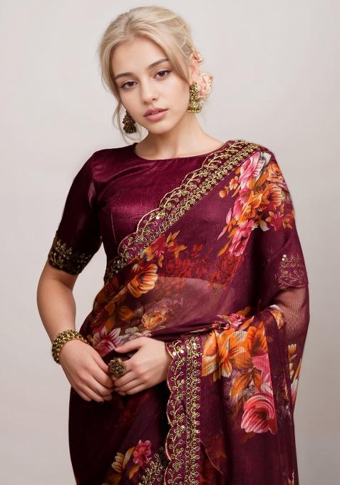 Wine Embroidered Georgette Saree Set