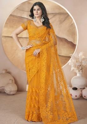 Yellow Embroidered Net Saree Set