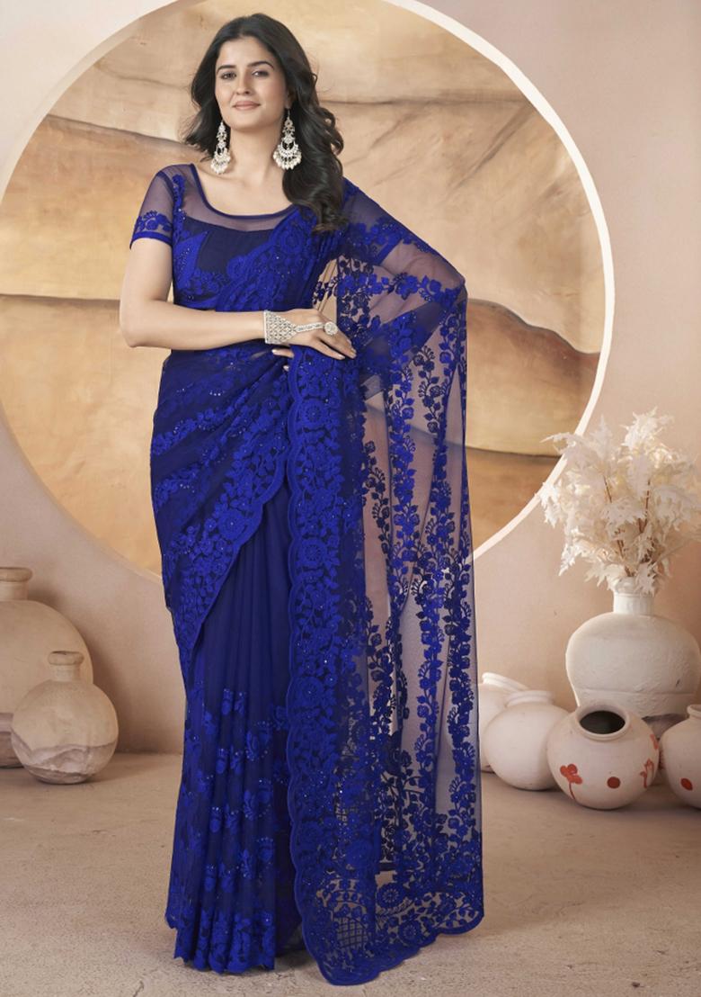 Blue Embroidered Net Saree Set