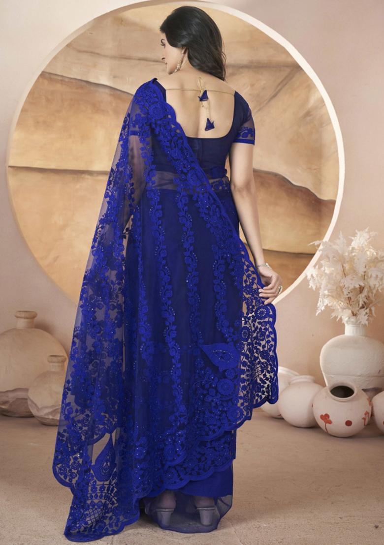 Blue Embroidered Net Saree Set