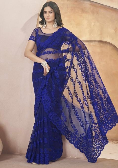 Blue Embroidered Net Saree Set