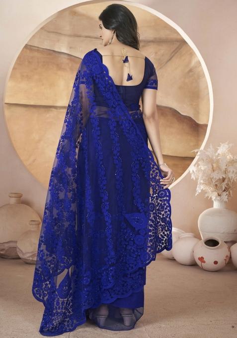 Blue Embroidered Net Saree Set