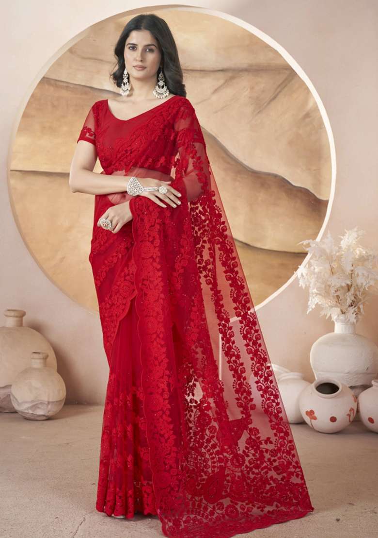 Red Embroidered Net Saree Set - Indya