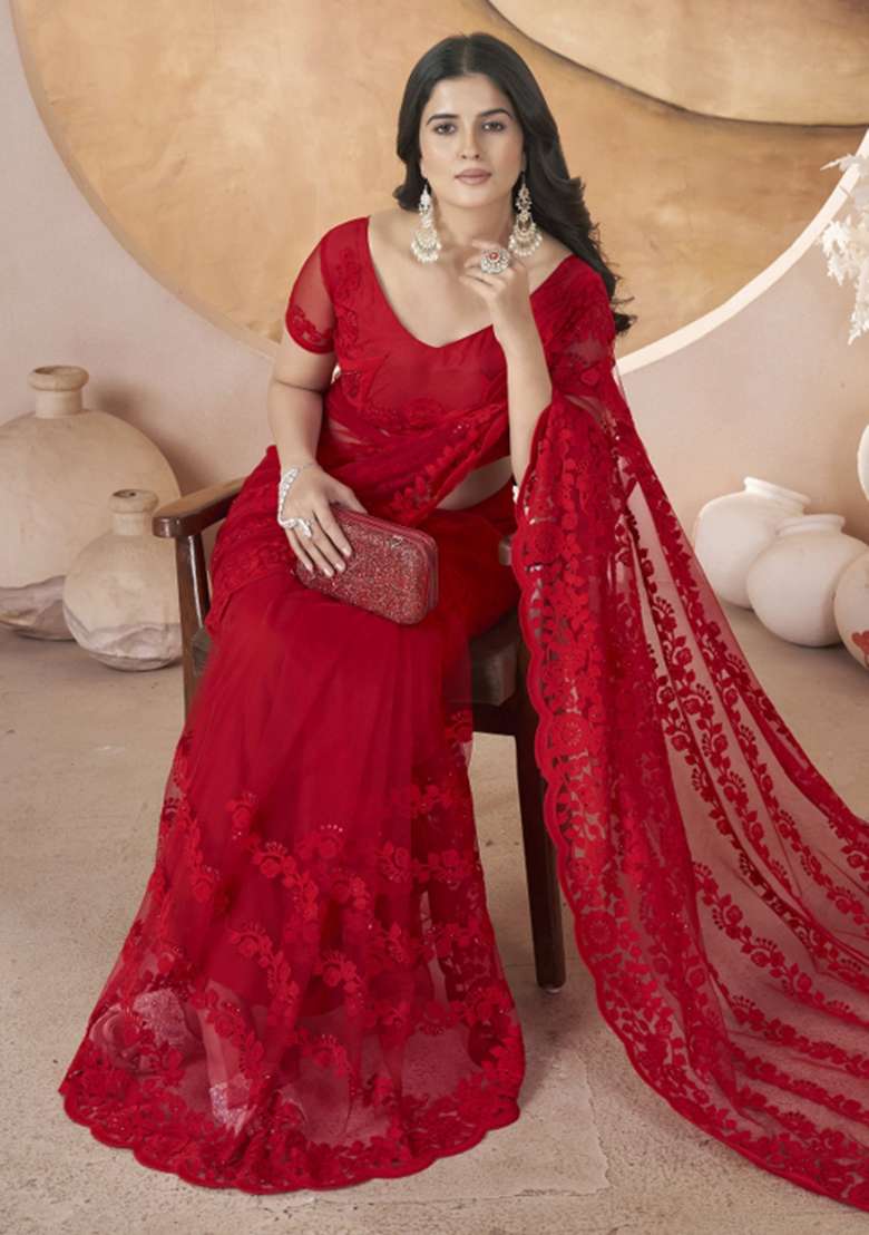 Red Embroidered Net Saree Set - Indya