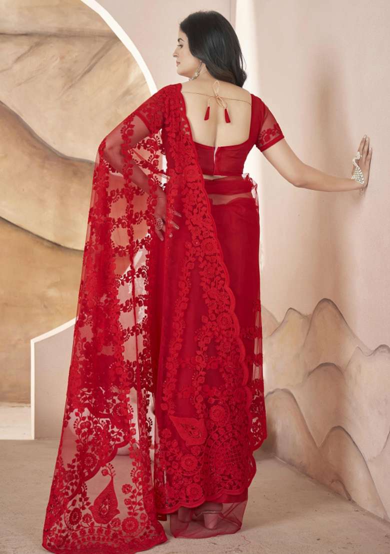 Red Embroidered Net Saree Set - Indya
