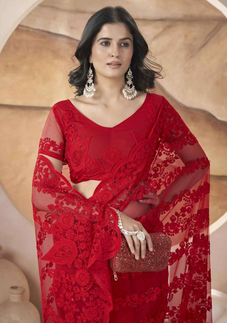 Red Embroidered Net Saree Set - Indya