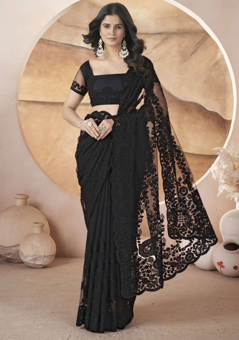 Black Embroidered Net Saree Set - Indya
