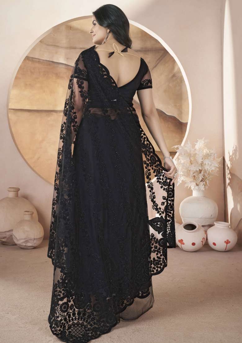 Black Embroidered Net Saree Set - Indya