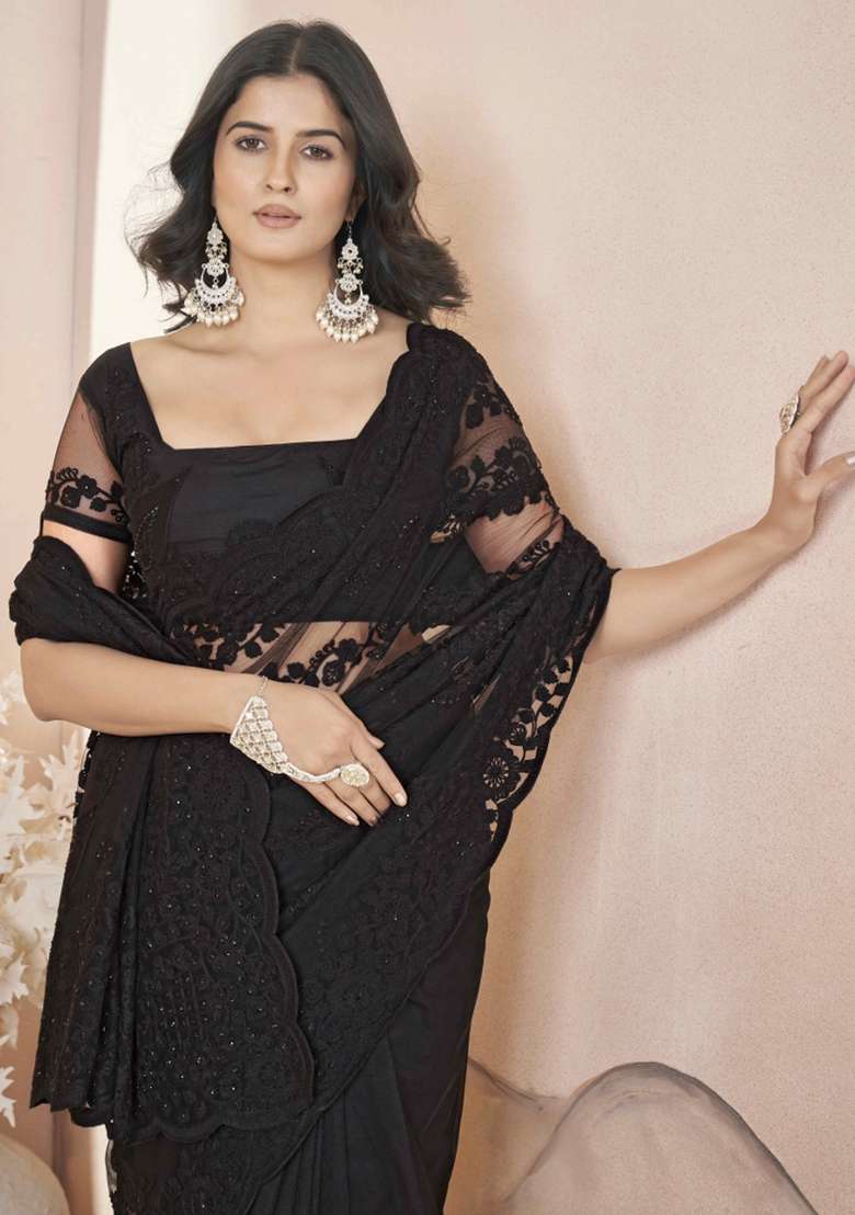 Black Embroidered Net Saree Set - Indya