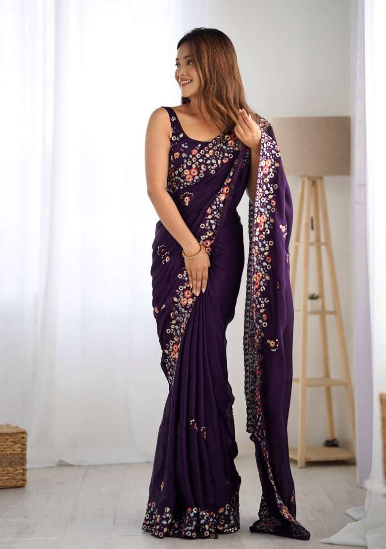 Purple Embroidered Satin Chiffon Saree Set - Indya