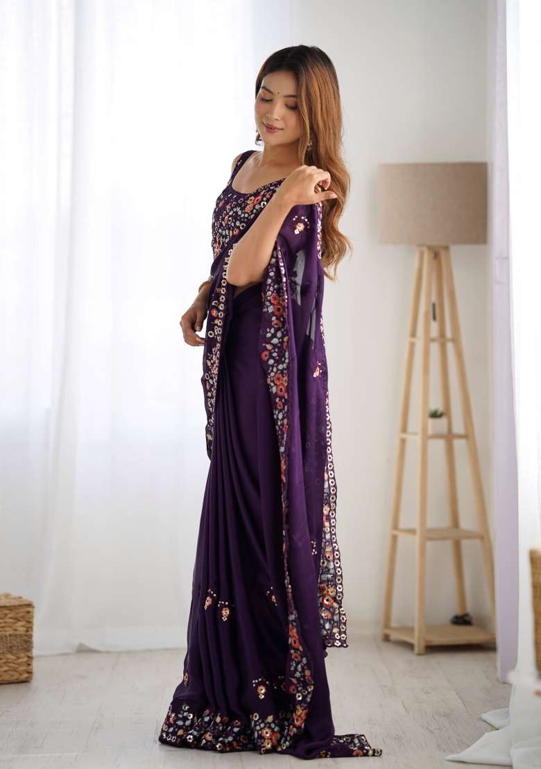 Purple Embroidered Satin Chiffon Saree Set - Indya