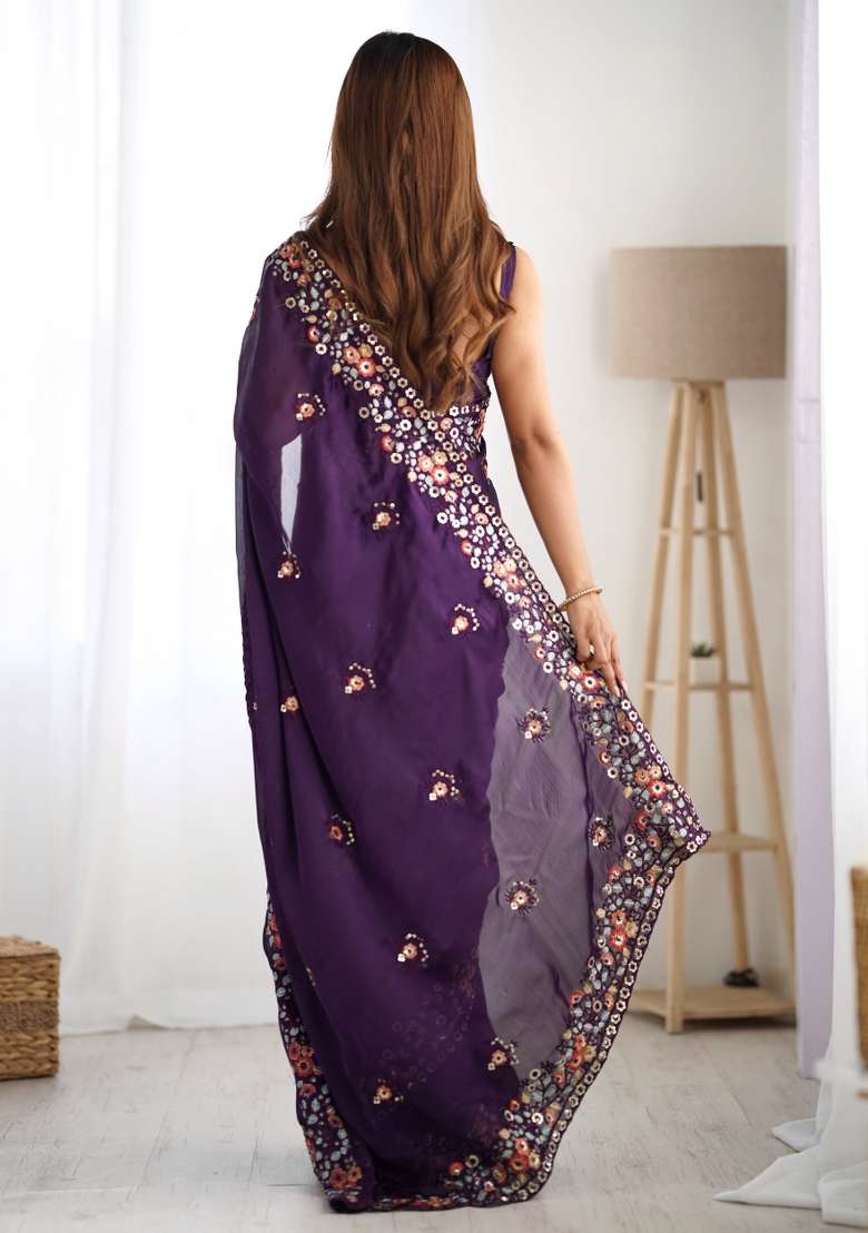 Purple Embroidered Satin Chiffon Saree Set - Indya