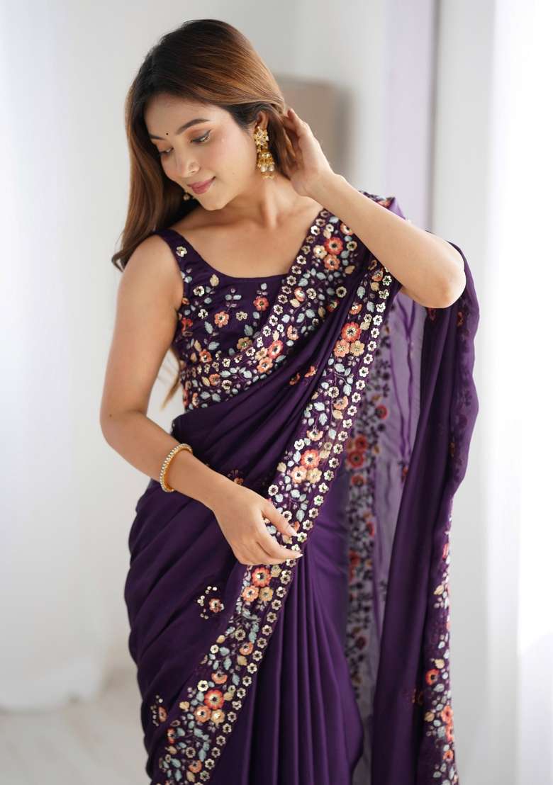 Purple Embroidered Satin Chiffon Saree Set - Indya