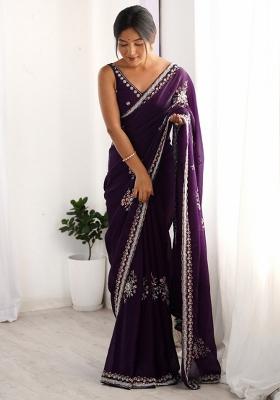 Purple Embroidered Fendy Satin Saree Set