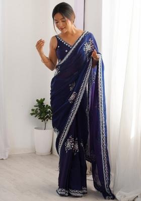 Blue Embroidered Fendy Satin Saree Set